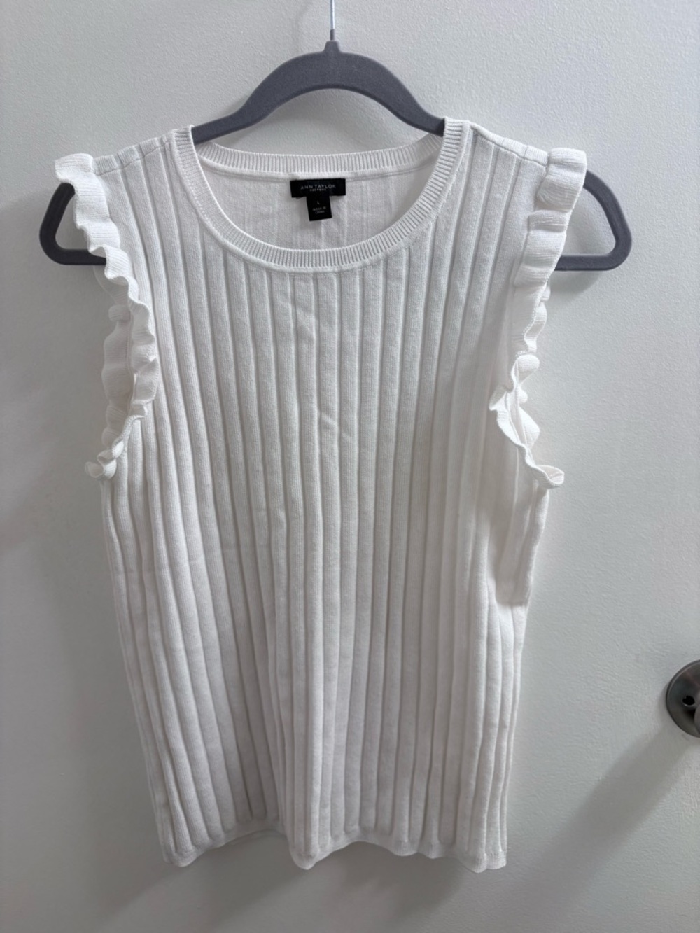 Ann Taylor White Ribbed Ruffle Sleeve Tank Top